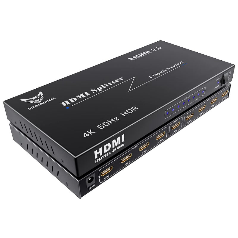 دايموند تايجر 8 منفذ HDMI مقسم Ultra HD 4K مقسم HDMI 1 في 8 خارج HDMI 2.0 HDCP 2.0 18 جيجابت في الثانية 4K60Hz 8 مخرجات تلقائية التعديل 3D صوت وصورة متزامنة مسافة طويلة إضافية 1x8