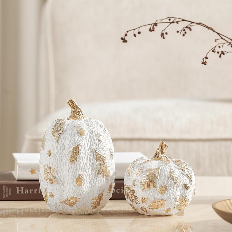 DN DECONATION 2 Pcs Fall Pumpkin Decor, Fake Resin Thanksgiving Autumn Pumpkin Table Decorations， White Pumpkins Figurines for Decorating Modern Farmhouse Home with Gold Feathers and Pinecones - Image 4