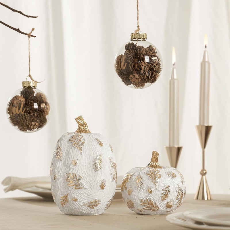 DN DECONATION 2 Pcs Fall Pumpkin Decor, Fake Resin Thanksgiving Autumn Pumpkin Table Decorations， White Pumpkins Figurines for Decorating Modern Farmhouse Home with Gold Feathers and Pinecones - Image 2