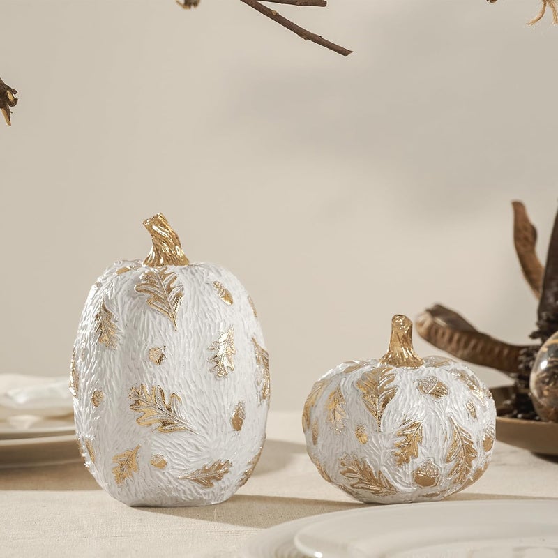 DN DECONATION 2 Pcs Fall Pumpkin Decor, Fake Resin Thanksgiving Autumn Pumpkin Table Decorations， White Pumpkins Figurines for Decorating Modern Farmhouse Home with Gold Feathers and Pinecones - Image 5