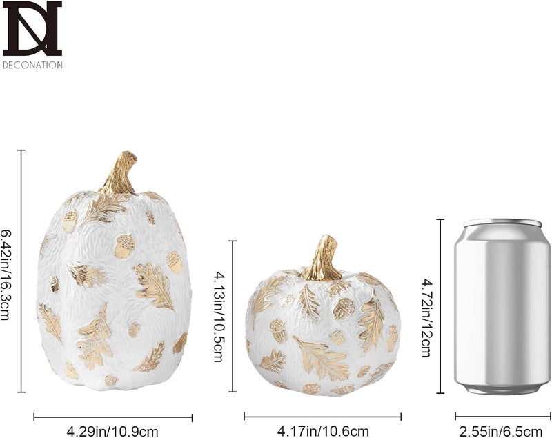 DN DECONATION 2 Pcs Fall Pumpkin Decor, Fake Resin Thanksgiving Autumn Pumpkin Table Decorations， White Pumpkins Figurines for Decorating Modern Farmhouse Home with Gold Feathers and Pinecones - Image 3