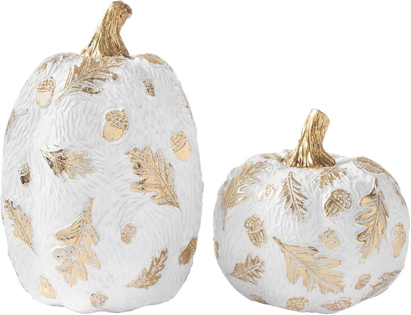 DN DECONATION 2 Pcs Fall Pumpkin Decor, Fake Resin Thanksgiving Autumn Pumpkin Table Decorations， White Pumpkins Figurines for Decorating Modern Farmhouse Home with Gold Feathers and Pinecones - Image 1