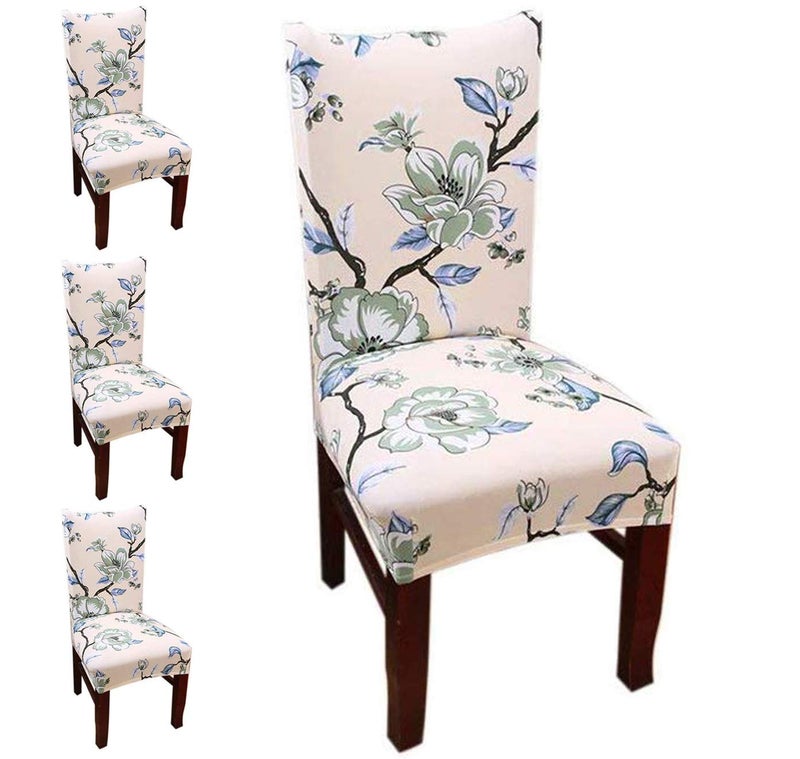 Styleys Polyester Printed Washable Elastic Dining Chair Cover Slipcovers (Set of 4, SD-01, Beige Green Flower) - Image 1