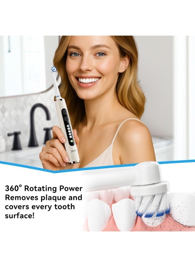 سيجو فرشاة أسنان كهربائية دوارة من سيجو للبالغين مع 8 رؤوس فرشاة، 5 أوضاع تنظيف، فرشاة أسنان صوتية قابلة لإعادة الشحن مع مؤقت وحقيبة سفر للبالغين والأطفال (SG-2607-بيج) - Image 4