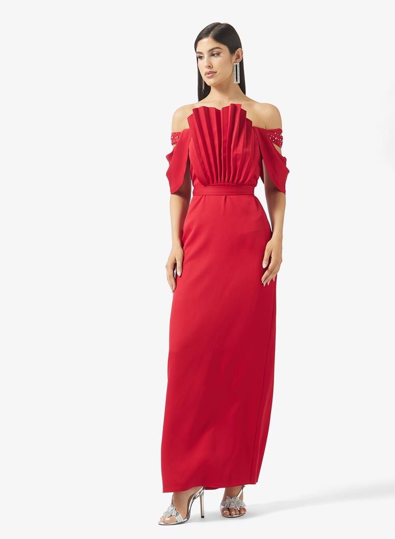 Namshi x Off Shoulder Pleat Detail Evening Gown - Image 1