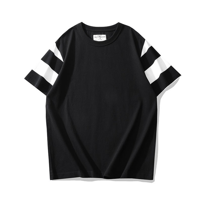 Generic OKONKWO heavy 240g crew neck motorcycle short sleeve T-shirt thick color matching striped sleeve TEE Black 4108 - Image 1