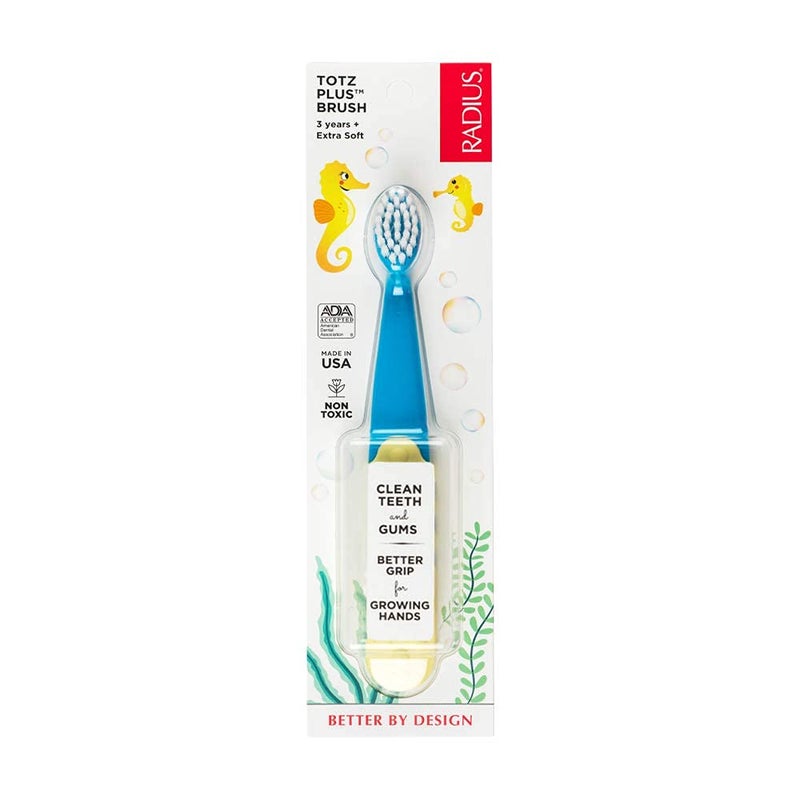 RADIUS Totz Plus Brush Kids Toothbrush Silky Soft BPA Free ADA Accepted Designed for Delicate Teeth & Gums for Children 3 Years & Up - BlueYellow - Pack of 1