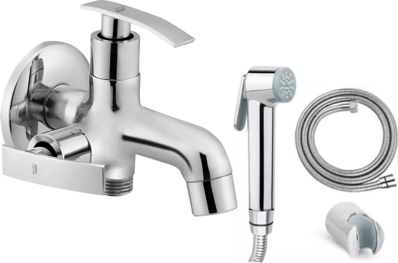 SPAZIO Pulse Collection Brass 2 Way Bib Cock Wall Mount Set of 1 Star Health Faucet SetSS 15m Tube for Bathroom Chrome Finish Silver Plated - Image 1