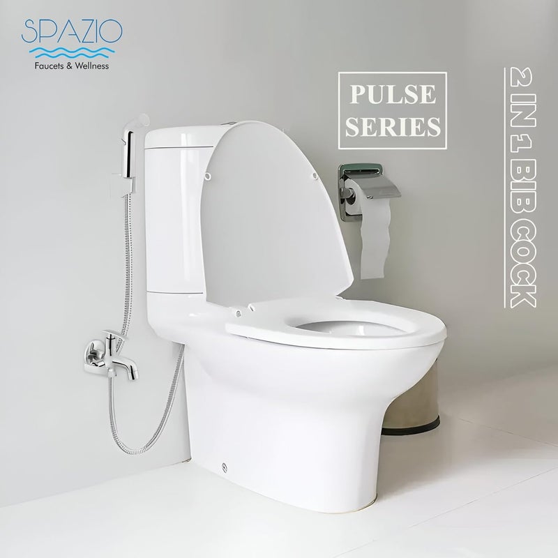 SPAZIO Pulse Collection Brass 2 Way Bib Cock Wall Mount Set of 1 Star Health Faucet SetSS 15m Tube for Bathroom Chrome Finish Silver Plated - Image 4