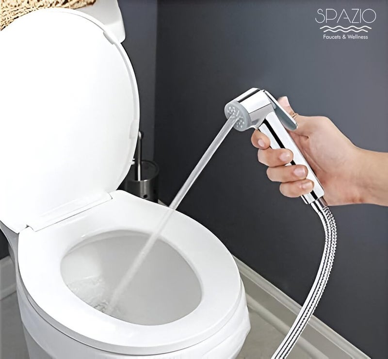 SPAZIO Pulse Collection Brass 2 Way Bib Cock Wall Mount Set of 1 Star Health Faucet SetSS 15m Tube for Bathroom Chrome Finish Silver Plated - Image 3