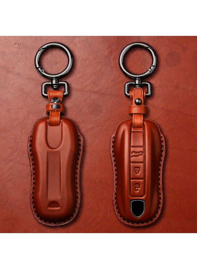 Tukellen for Porsche Leather Key Fob Cover with Keychain Key Shell Compatible with 2020-2024 Panamera, Cayenne, Macan, 918-Brown - Image 3