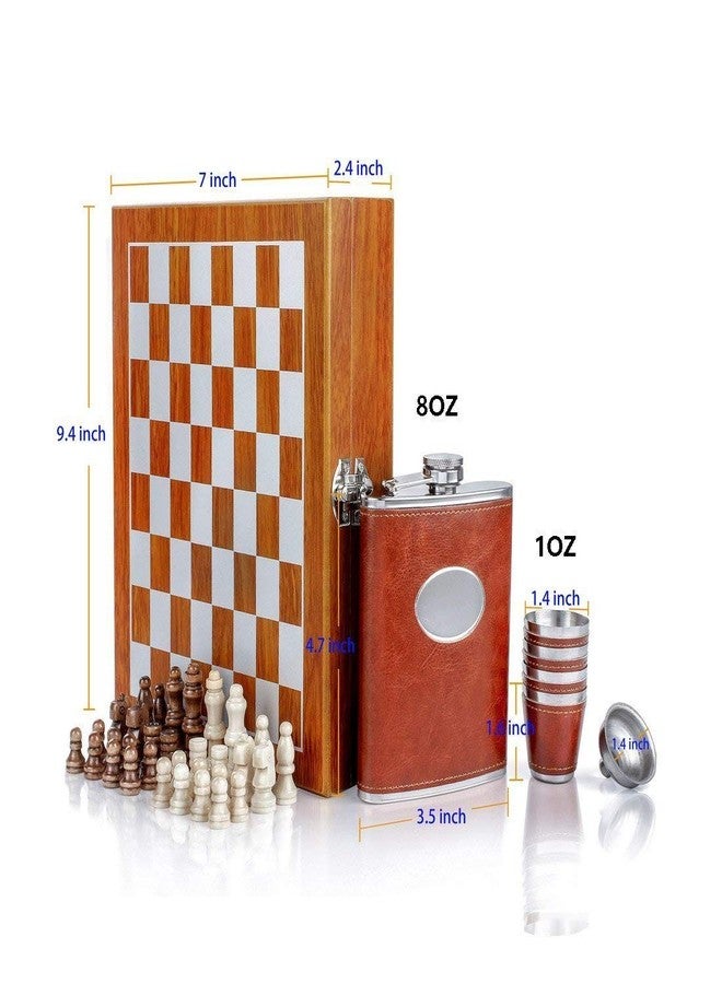 VENIVA Stainless Steel Wooden Chess 8 oz Leather Hip Flask Set with Funnel and 4 Cups,9.4-inch (Brown) - Image 3