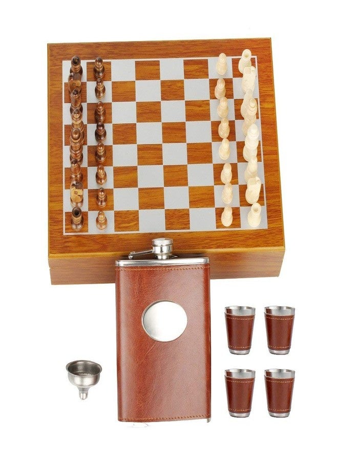VENIVA Stainless Steel Wooden Chess 8 oz Leather Hip Flask Set with Funnel and 4 Cups,9.4-inch (Brown) - Image 4