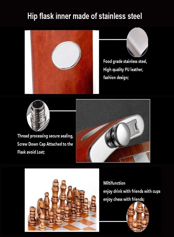 VENIVA Stainless Steel Wooden Chess 8 oz Leather Hip Flask Set with Funnel and 4 Cups,9.4-inch (Brown) - Image 2