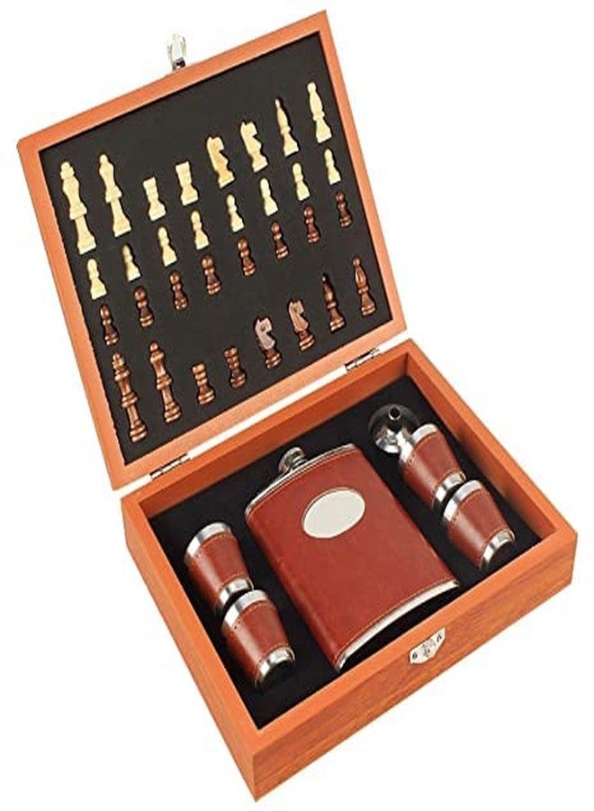 VENIVA Stainless Steel Wooden Chess 8 oz Leather Hip Flask Set with Funnel and 4 Cups,9.4-inch (Brown) - Image 1