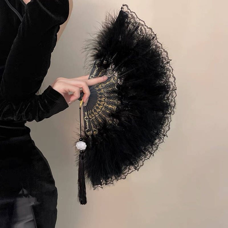 Vintage Feather Fan Chinese Style Black Lace Black feather fan (single feather)