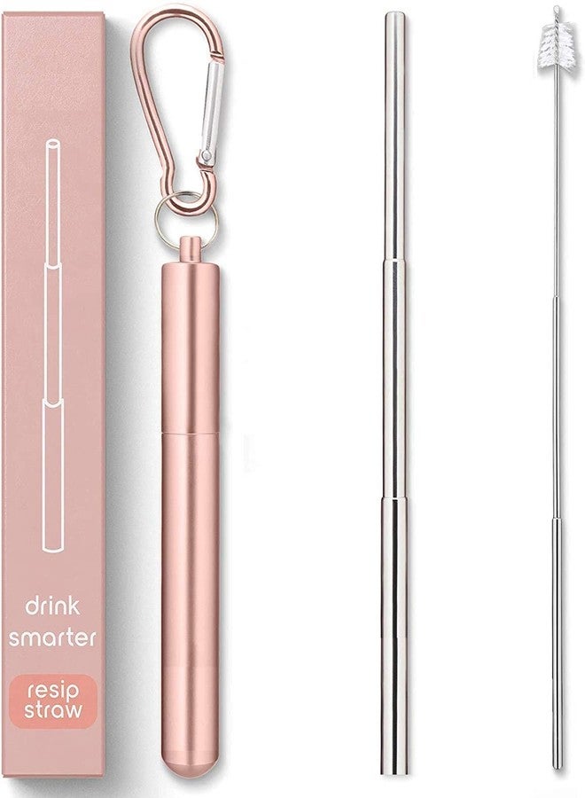 ANAB GI ANABGI Portable Reusable Drinking Straws with case| Collapsible & Foldable Telescopic Stainless Steel Metal Straw Dispenser | Long Cleaning Brush | Travel case Rose Gold with Hook- Pack of 1 Pcs - Image 1