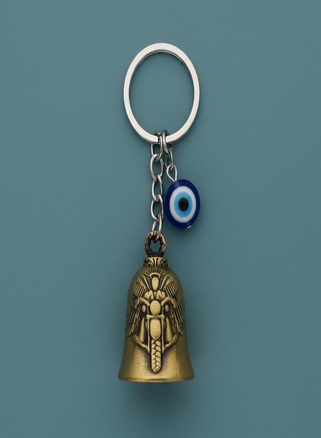 AEROSTARK Gold Bike Guardian Bell for Bike with Evil Eye Keychain | Motorcycle Safety Bell Ride Safe Lucky Charm | Key Ring for Bike Car Scooter | Antique Metal Biker Gift for Men - Image 4