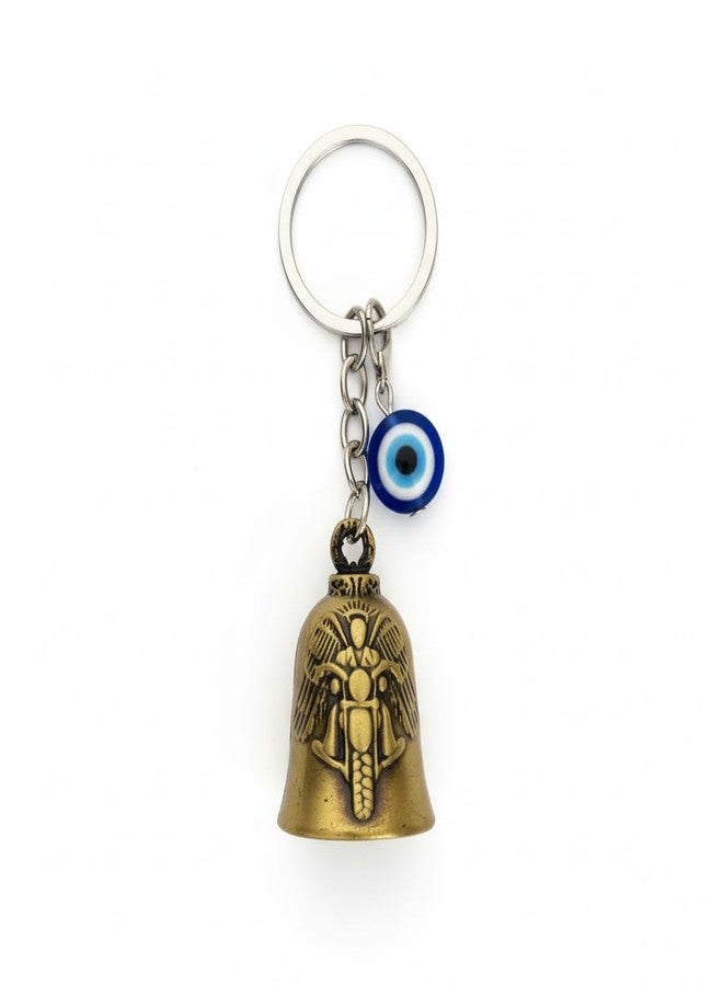 AEROSTARK Gold Bike Guardian Bell for Bike with Evil Eye Keychain | Motorcycle Safety Bell Ride Safe Lucky Charm | Key Ring for Bike Car Scooter | Antique Metal Biker Gift for Men - Image 2