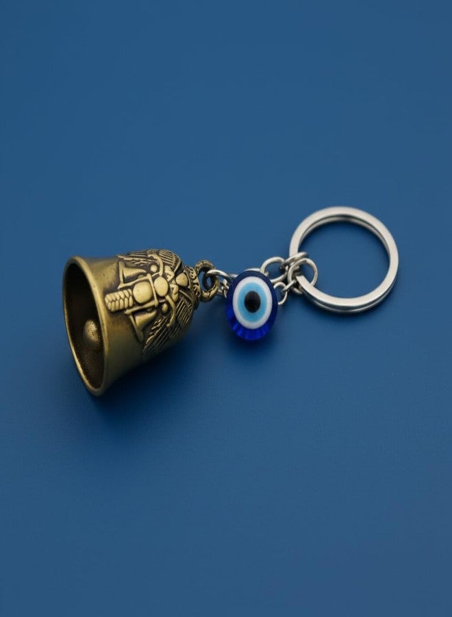 AEROSTARK Gold Bike Guardian Bell for Bike with Evil Eye Keychain | Motorcycle Safety Bell Ride Safe Lucky Charm | Key Ring for Bike Car Scooter | Antique Metal Biker Gift for Men - Image 3