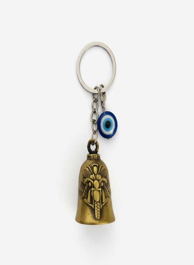 AEROSTARK Gold Bike Guardian Bell for Bike with Evil Eye Keychain | Motorcycle Safety Bell Ride Safe Lucky Charm | Key Ring for Bike Car Scooter | Antique Metal Biker Gift for Men - Image 1