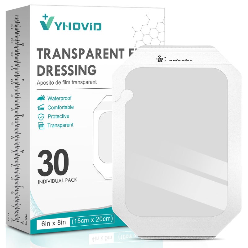 YHOVID 30 Packs Transparent Film Dressing 6'' x 8'' - Waterproof Bandages for Swimming, Showering, Wounds, Post Surgical Shower or IV Shield, Tattoo Aftercare Bandage, Scar Therapy, Adhesive Patches - Image 1