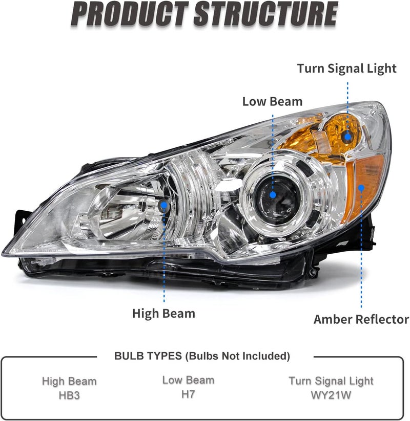 ADCARLIGHTS Headlight Assembly for Subaru Legacy and Outback (2010-2014) - Clear Lens Chrome Housing Amber Reflector Replacement Pair - Image 4