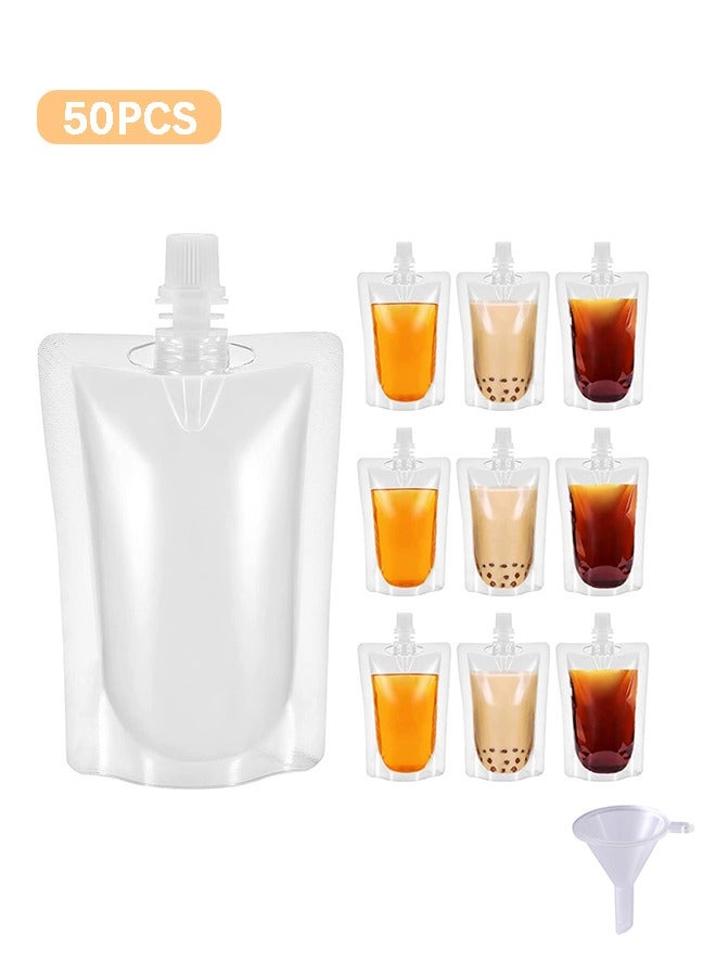 50-Piece Reusable Plastic Packaging Bags with 25 Funnel Transparent Spout Pouch For Beverages Like Juice, Shake, Tea, Coffee, Liquor Etc. | Liquid Storage Bag | Size: 500 Ml - Image 1