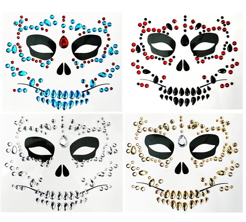 4-Pack Day Of The Death Face Gems,Halloween Temporary Face Tattoos, Rhinestone Face Jewels Stickers