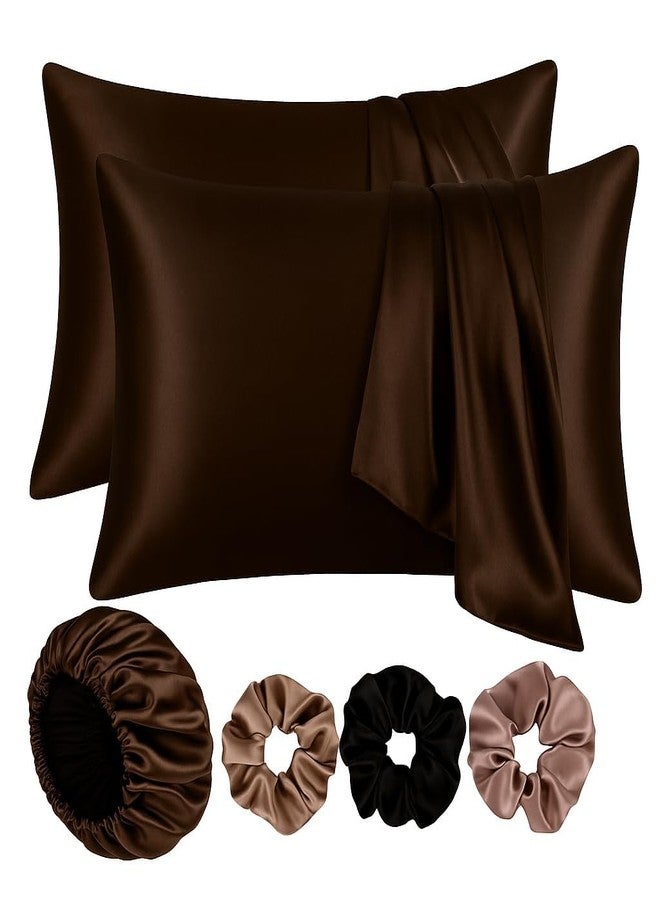 Craftelio Satin Pillow Covers Set of 2 with Matching Hair Bonnet - Anti-Frizz, Skin-Friendly Pillow & Cap with 3 Free Random Satin Scrunchies (Brown) - Image 1