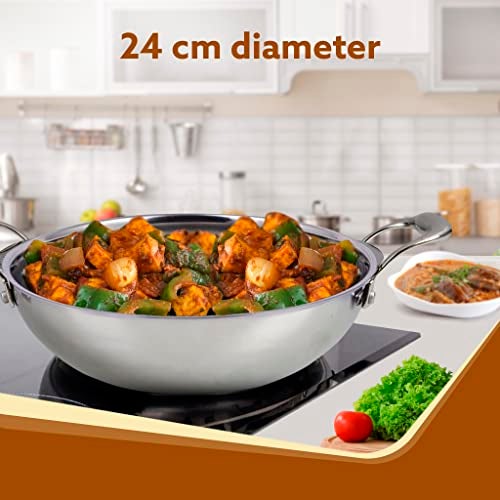 AGARO Regency Tri-Ply Steel Kadai, 2.25L Capacity, 24 cm Diameter, Stainless Steel, Riveted Handle, Food Safe, Gas Oven and Induction Oven Compatible, Cooking, Frying, Serving, Silver - Image 2