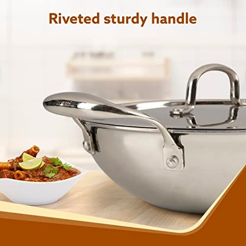 AGARO Regency Tri-Ply Steel Kadai, 2.25L Capacity, 24 cm Diameter, Stainless Steel, Riveted Handle, Food Safe, Gas Oven and Induction Oven Compatible, Cooking, Frying, Serving, Silver - Image 4
