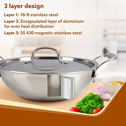 AGARO Regency Tri-Ply Steel Kadai, 2.25L Capacity, 24 cm Diameter, Stainless Steel, Riveted Handle, Food Safe, Gas Oven and Induction Oven Compatible, Cooking, Frying, Serving, Silver - Image 3
