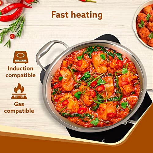 AGARO Regency Tri-Ply Steel Kadai, 2.25L Capacity, 24 cm Diameter, Stainless Steel, Riveted Handle, Food Safe, Gas Oven and Induction Oven Compatible, Cooking, Frying, Serving, Silver - Image 5