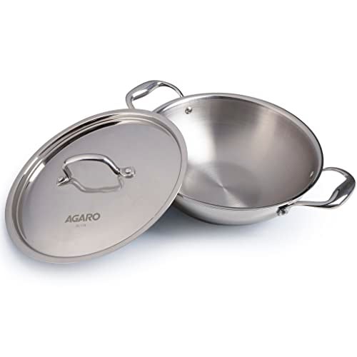 AGARO Regency Tri-Ply Steel Kadai, 2.25L Capacity, 24 cm Diameter, Stainless Steel, Riveted Handle, Food Safe, Gas Oven and Induction Oven Compatible, Cooking, Frying, Serving, Silver - Image 1