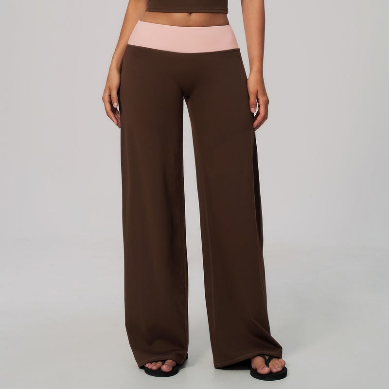 Cross-Border Brushed Sports Pants with Color-Block Waist, Casual Fashionable High-Waist Belly-Control Flared Yoga Pants