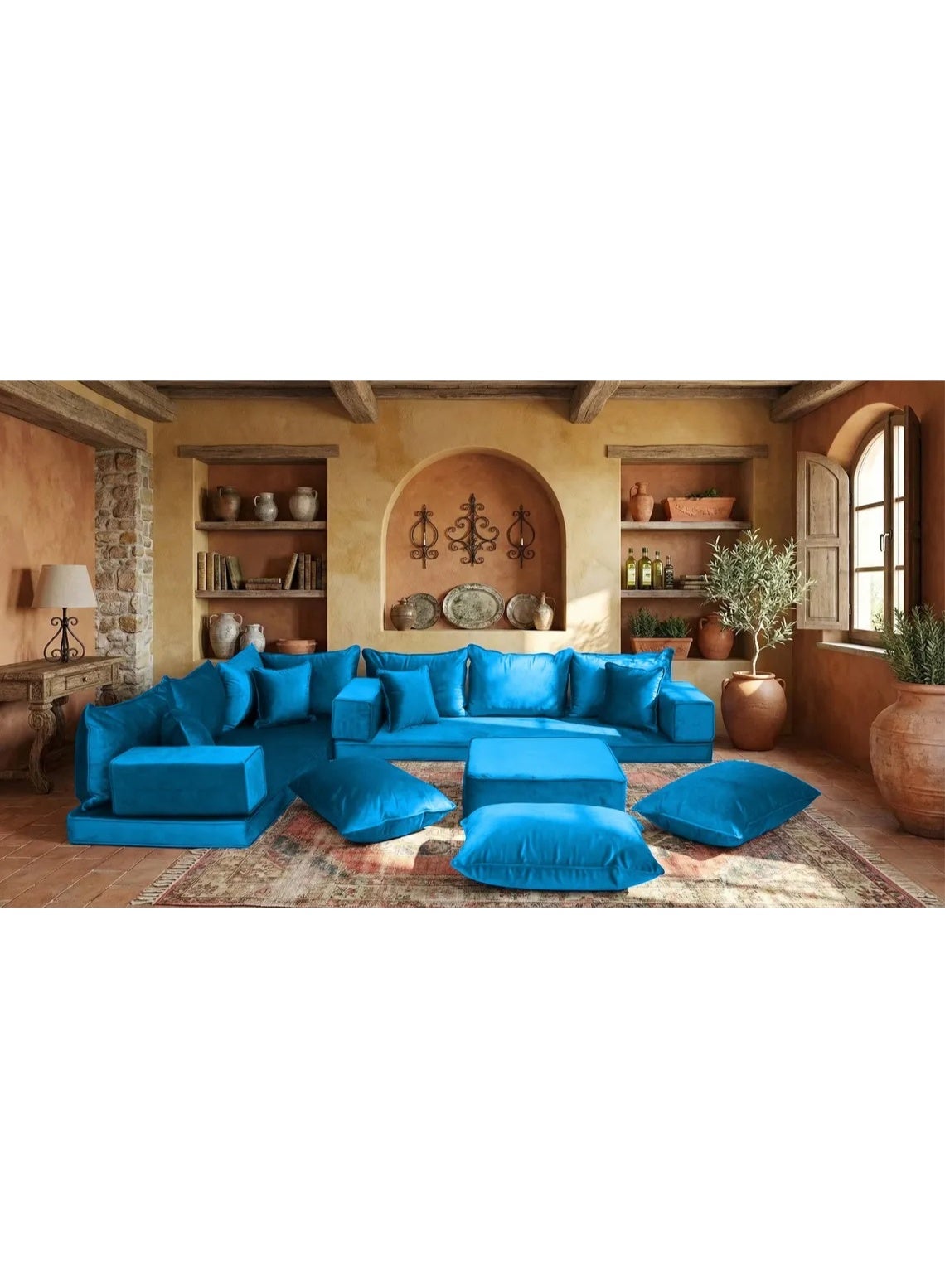 Modern Arabic Majlis floor sofa set featuring luxurious blue cushions with a modular sectional design. Perfect for living rooms, lounges, and majlis seating, this elegant floor seating set offers deep comfort, versatile arrangement, and a stylish con