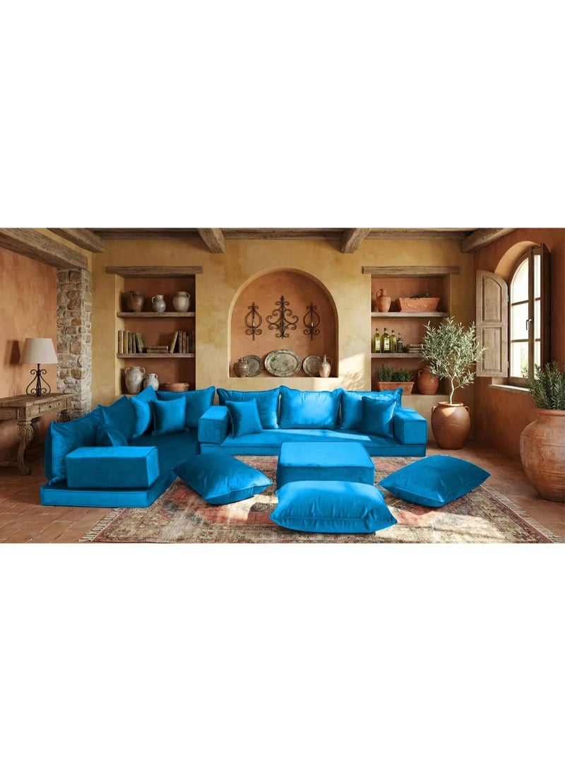 اكس بوت طقم أريكة مجلس عربي أرضي عصري يتميز بوسائد فاخرة باللون الأزرق وتصميم مقسّم مرن. مثالي لغرف المعيشة والصالات والمجالس، ويوفّر راحة عميقة، وإمكانية ترتيب متعددة، ومظهرًا أنيقًا مستوحى من الضيافة العربية التقليدية بلمسة عصرية. - Image 4