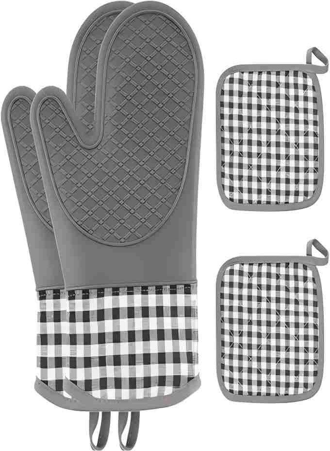 Oven Mitts and Pot Holders 4pcs Set, Kitchen Oven Gloves, Heat-Resistant Baking Gloves, Non Slip Silicone Gloves for Cooking and Barbecue (Gray)  - Image 2
