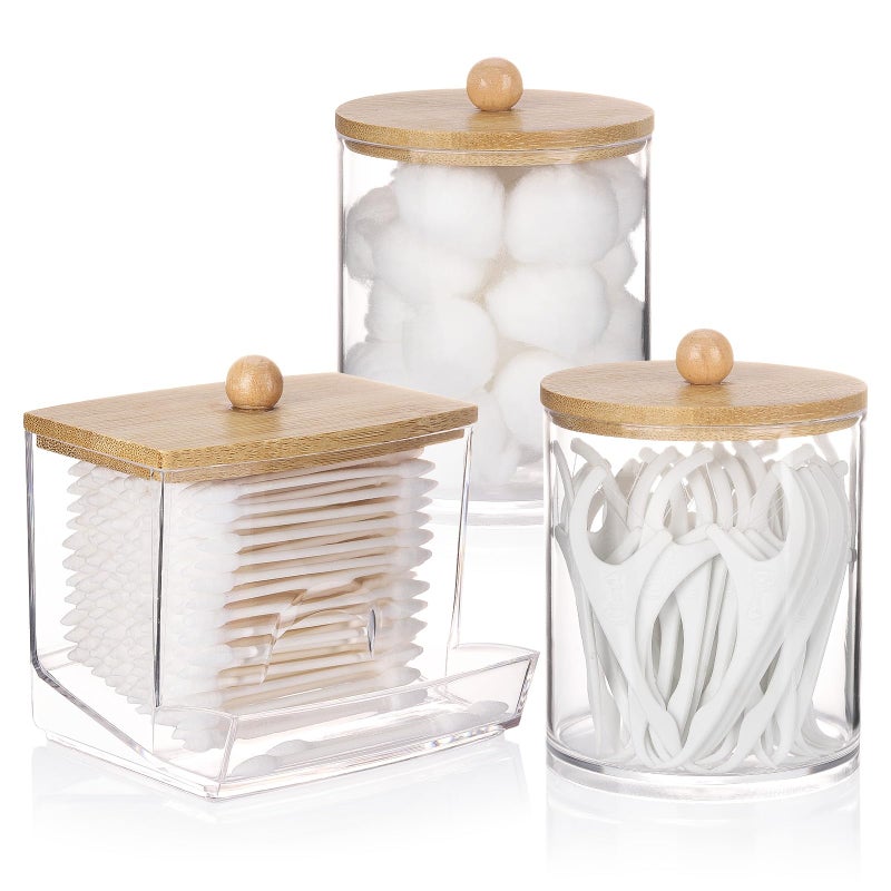 Tbestmax Qtips Dispenser Bathroom Container, 10/12 oz Cotton Ball Holder, Apothecary Jar Organizer for Storage Cotton Swab, Floss Picks (Bamboo Lids) - Image 1