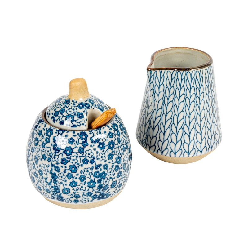 Creative Co-op Creative CoOp HandPainted Stoneware Sugar Set of 2 Pieces Creamer Set Blue 