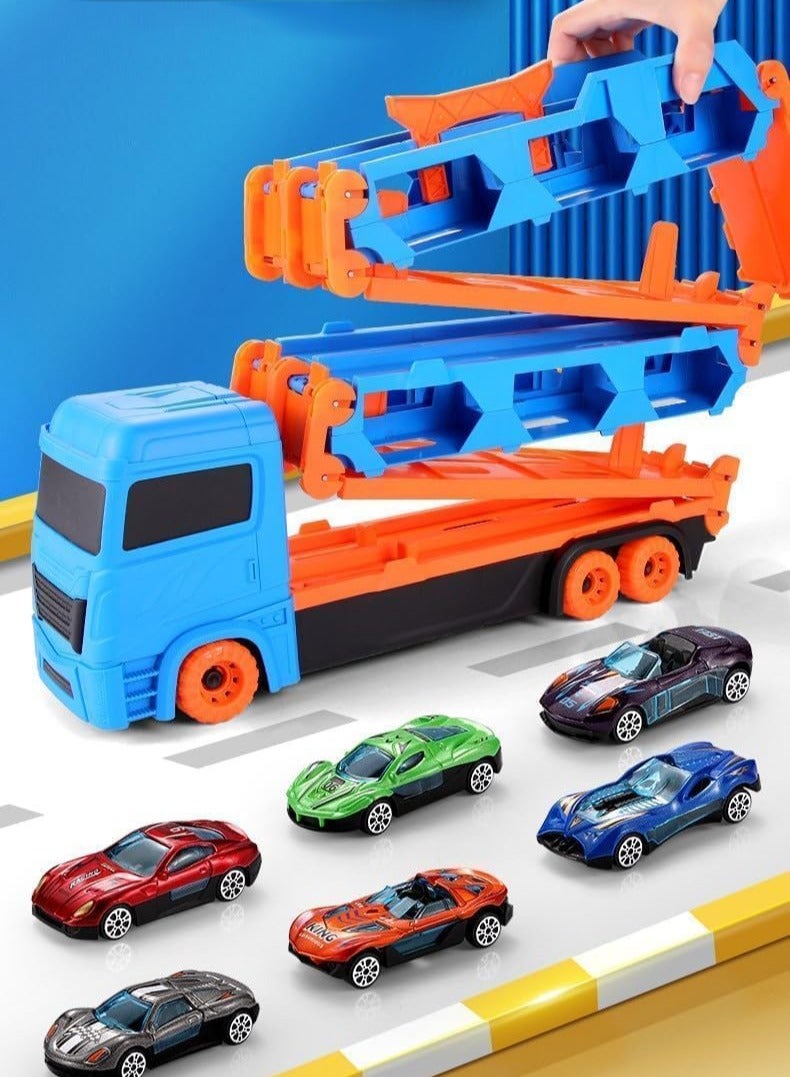 لعبة مسار سيارات السباق مع فتحات ومسارات سباق قابلة للطي مع 6 سيارات ناقلة سيارات تخزين سيارات بطول 1.64 متر للأطفال من عمر 3 إلى 8 سنوات - Image 4