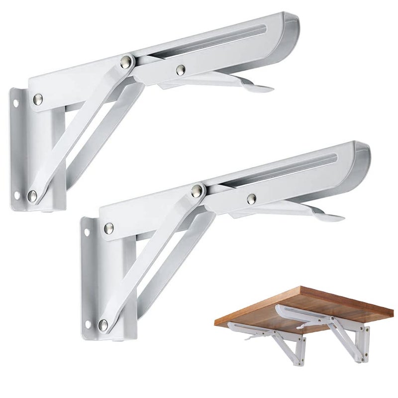 HASTHIP® 8-inch Folding Shelf Bracket, 2 Pcs Heavy Duty Metal Triangle Table Bench Folding Shelf Bracket, Max Load 99lb, Sturdy Folding Shelf Brackets Wall Mounted Shelf, Wall Organizer (White)