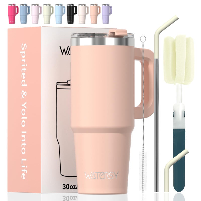 WATERSY 30 oz Tumbler with Handle,Tumbler with Lid and Straw,Double Wall Insulated Cup Stainless Steel Travel Mug(Cold for 34 Hours),Water Bottle for Iced Tea,Coffee,Cold Beverages(Pink) - Image 1