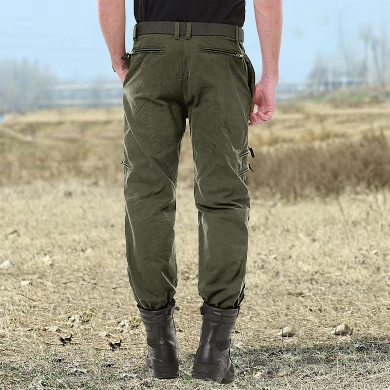 CRYSULLY Men Pants Fall Relaxed-fit Cotton Woodland Army Cargo Trousers Utility Combat Work Pants Green 32 - Image 3