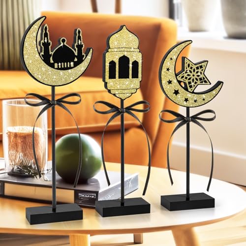 Hedeey 3 Pieces Ramadan Decorations Eid Mubarak Table Decor Wooden Set Islamic Ramadan Tiered Tray Decor for Muslim Party Tabletop Decor Home Shiny - Image 3