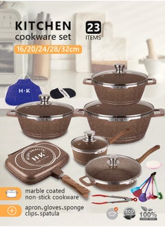 HK 23-piece Kitchen Cookware Set, Casserole Set And Frying Pan, With Non-stick Cookware Set, Glass Lid, Pfoa-free 16cm Mmilk Pan + 20-24-28cm Casserole + 28cm Wok + 32cm Double-sided Frying Pan + 10 Kichen Item(Brown）  - Image 1