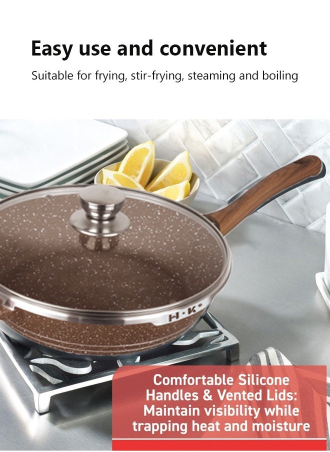 HK 23-piece Kitchen Cookware Set, Casserole Set And Frying Pan, With Non-stick Cookware Set, Glass Lid, Pfoa-free 16cm Mmilk Pan + 20-24-28cm Casserole + 28cm Wok + 32cm Double-sided Frying Pan + 10 Kichen Item(Brown）  - Image 3