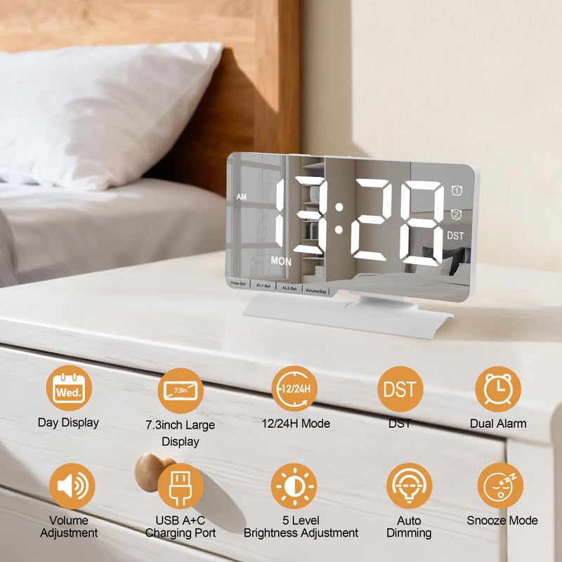 SZELAM Digital Clock,Alarm Clock Bedside,7.3'' Large LED Mirror with Date Display,Dual Alarm with 3 Mode,Brightnee Adjust,DST,Snooze Function,USB C Charging Port,5 Levels Volume for Desk Bedroom Teens - Image 3