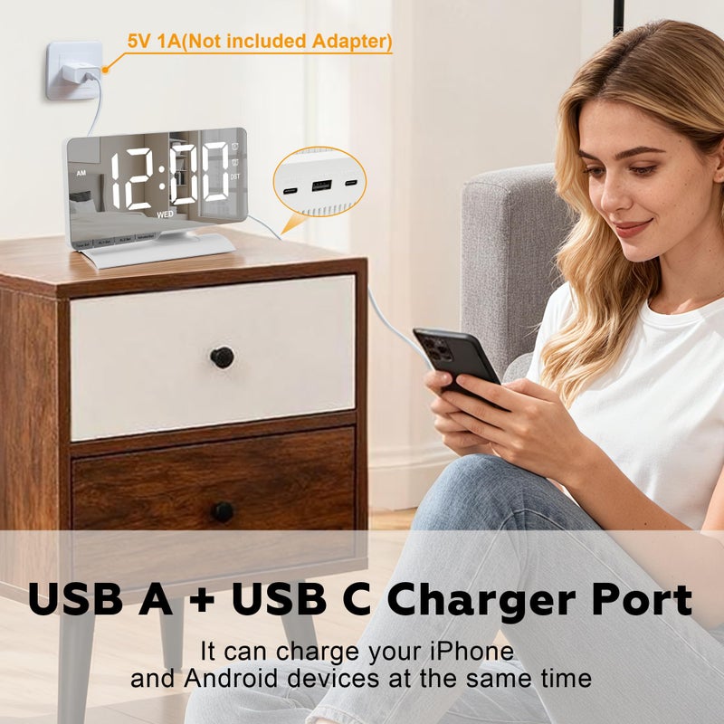 SZELAM Digital Clock,Alarm Clock Bedside,7.3'' Large LED Mirror with Date Display,Dual Alarm with 3 Mode,Brightnee Adjust,DST,Snooze Function,USB C Charging Port,5 Levels Volume for Desk Bedroom Teens - Image 2